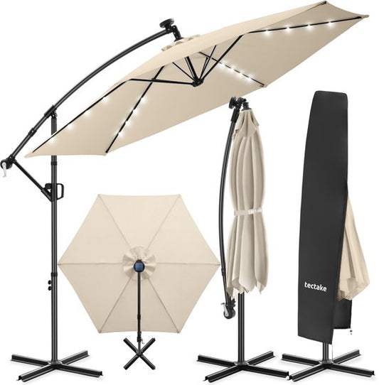 tectake® Parasol suspendu avec pied - 3 x 3 m - Parasol de jardin avec éclairage LED à énergie solaire - Orientable - Polyester hydrofuge avec protection UV - Housse incluse - Beige