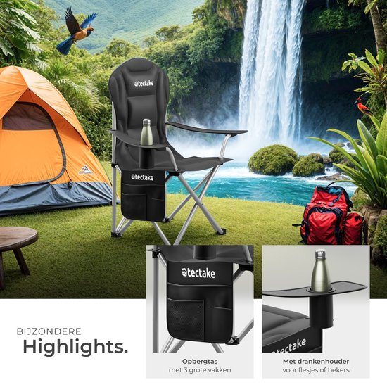 tectake® Chaise de camping - Chaise pliante - Avec porte-gobelet, compartiment de rangement et sac de transport - Chaise de luxe pour l'extérieur - Chaise Glamping