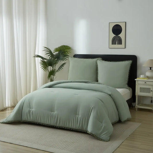 Ensemble de housse de couette Meeallhome avec franges à pompons - 200 x 220 cm + 2 x 80 x 80 cm - Turquoise