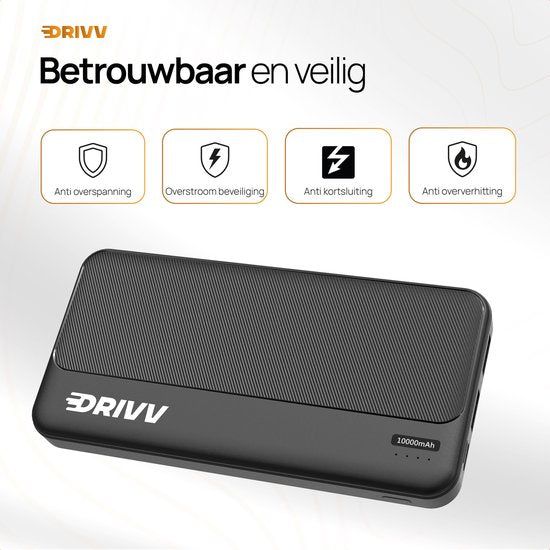 Drivv. Powerbank 10 000 mAh - Chargeur rapide 22,5W - Charge rapide USB 3.0 - USB C - Convient à Samsung / iPhone / autres - Noir