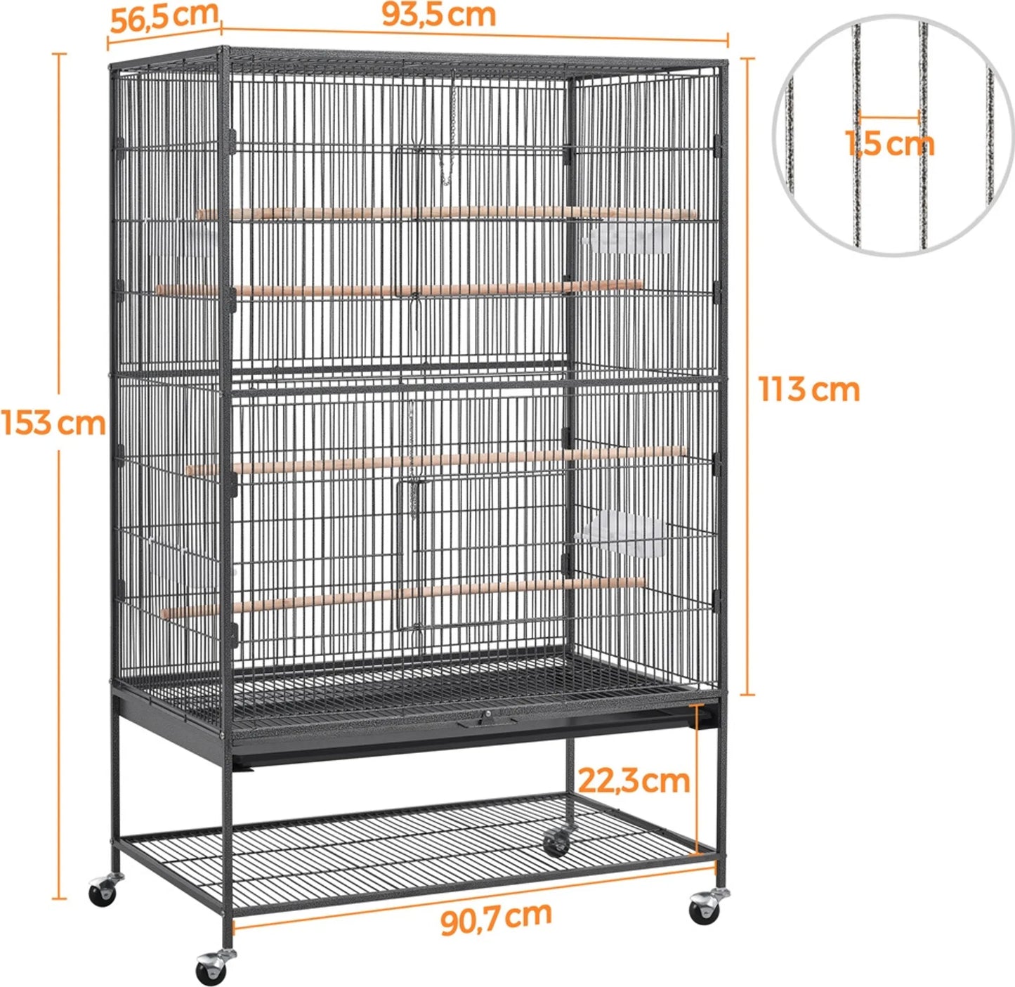 Yaheetech XXL Bird Cage With 360° Casters - Fitted With Lower Storage Shelf And 4 Perches And Removable Bottom Plate - For Parakeets And Falcon Parakeets - Black Metal - 93,5 x 56,5 x 153 cm