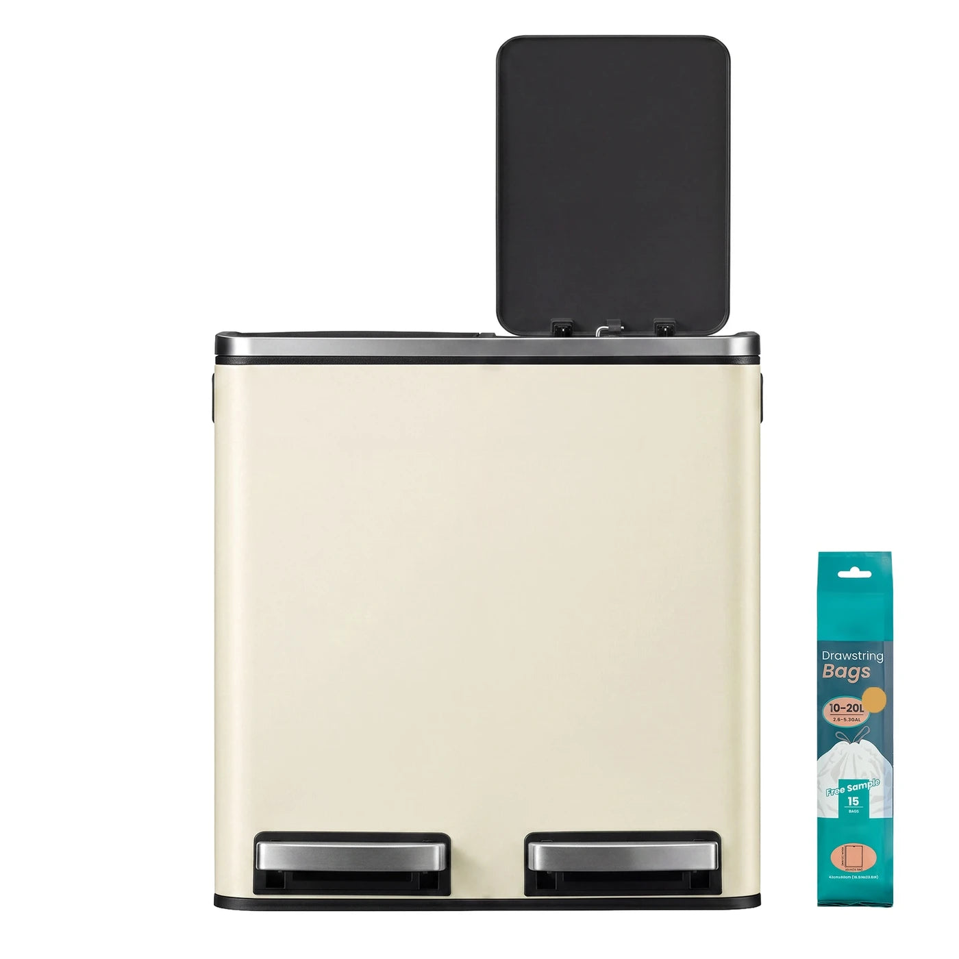 Poubelle à double pédale Joyfurnos - Beige et noir - 2 x 15 litres - Couvercle à fermeture douce - Acier - 41,8 x 35,9 x 44,5 cm