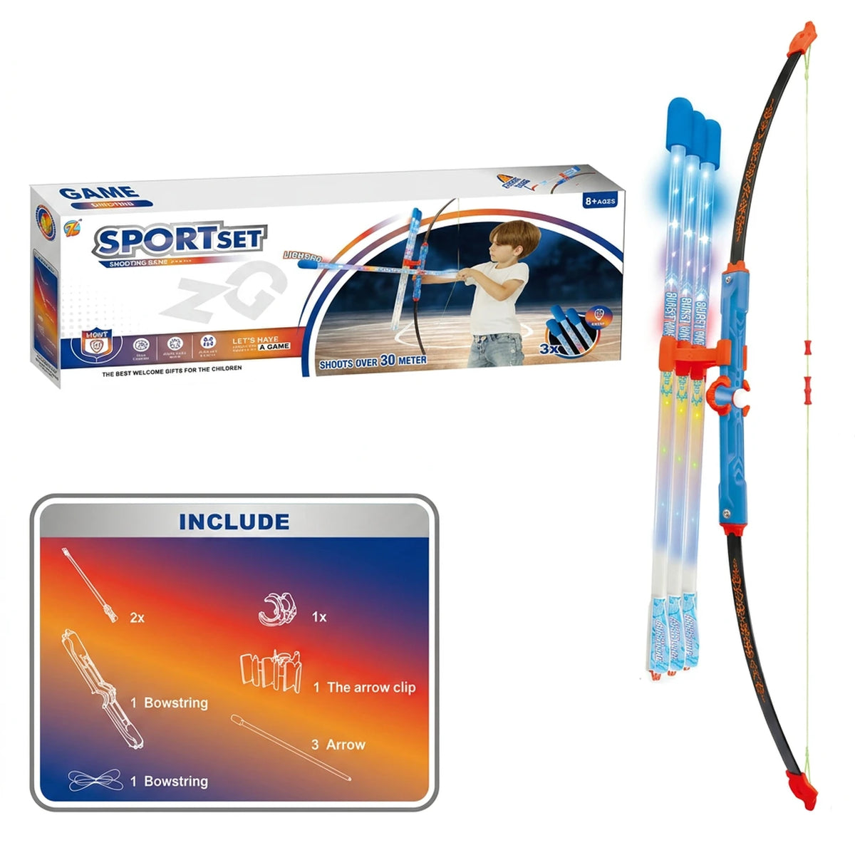 Grand arc lumineux avec flèches lumineuses à fibre optique, 60 cm - Cible incluse - Pour les enfants de 5 à 12 ans