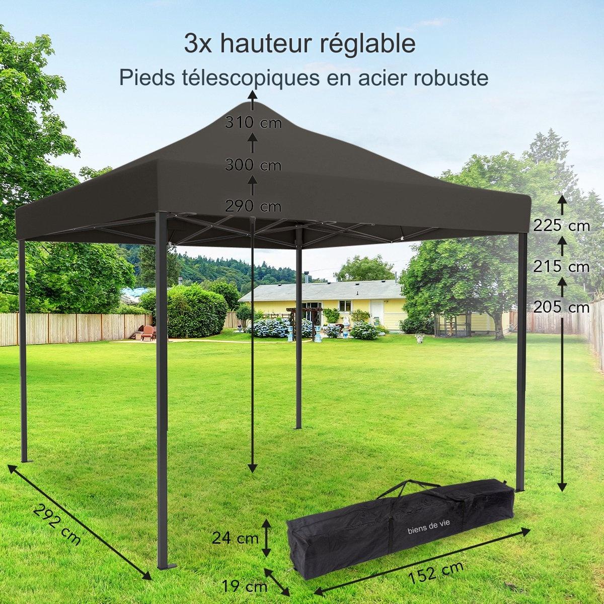 Tonnelle de jardin - LifeGoods - Pliable - Etanche - Sac de transport à roulettes - 3x3 m - Anthracite