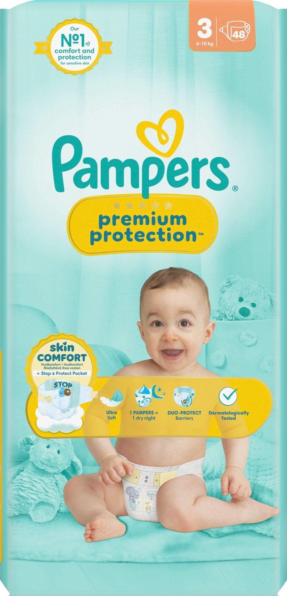 Pampers Premium Protection - Couches Taille 3 - 48 pièces - Pour les bébés de 6 à 10 kg - Ultra douces, respectueuses de la peau et à double protection