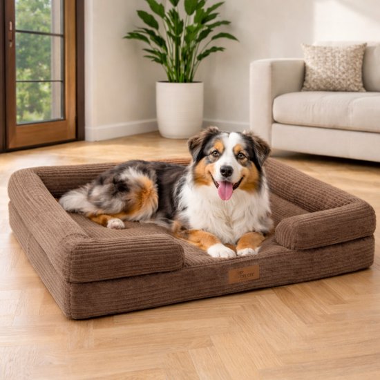 Lit orthopédique pour chien By Cee Cee – Lit pour chien – Tissu à nervures – Pour chiens de taille moyenne – Marron – 108 x 81 cm – Moos