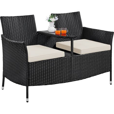 Banc de jardin Yaheetech pour 2 personnes - Avec tablette centrale en verre - 131 x 65,5 x 85 cm - Noir/beige