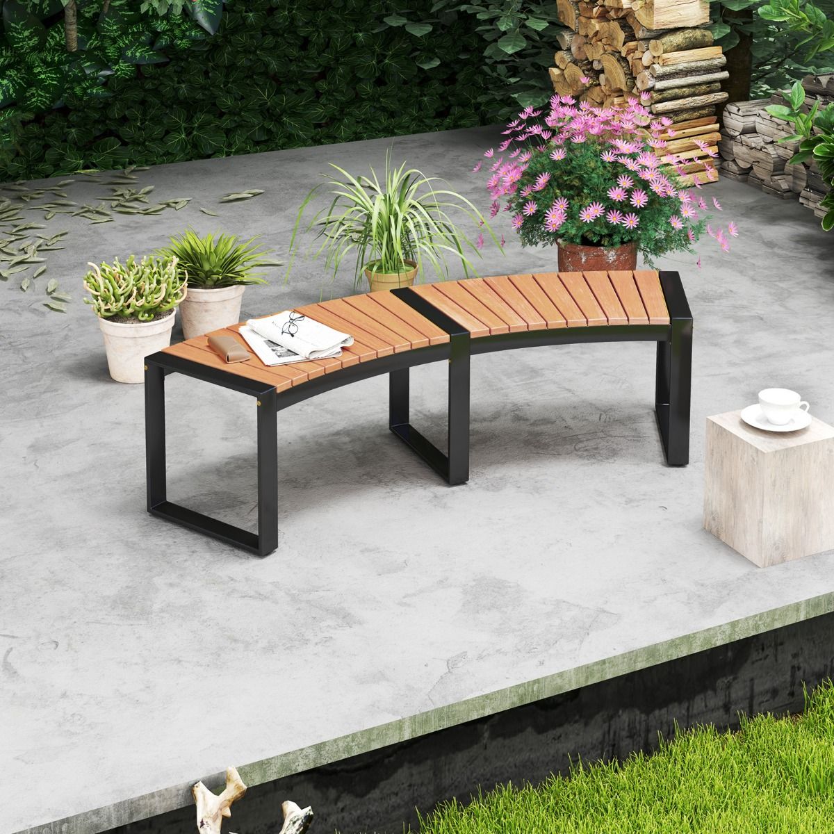 Banc de terrasse Coast en bois d'acacia courbé - Banc pour 2 personnes - 146 x 58 x 45 cm - Jaune/Noir