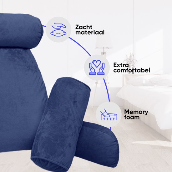 Q-Living Coussin de lecture XXL avec rouleau supplémentaire pour la nuque - Coussin de relaxation - Coussin de siège - Soutien du bas du dos - Coussin de lecture pour le lit - Bleu