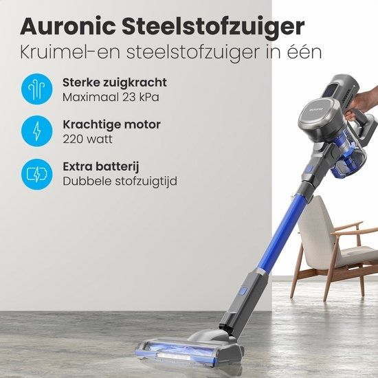 Aspirateur Balai - Auronic - Sans fil - Sans sac -Double batterie - Filtre HEPA lavable - 220 W - Gris/Bleu