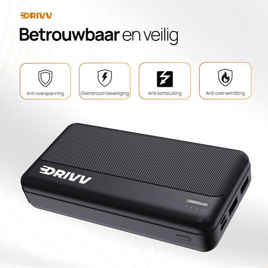 Drivv. Powerbank 20 000 mAh - Câble de charge 100w inclus - Chargeur rapide 22,5W - Quick Charge USB 3.0 - USB C - Convient à iPhone, Samsung et autres