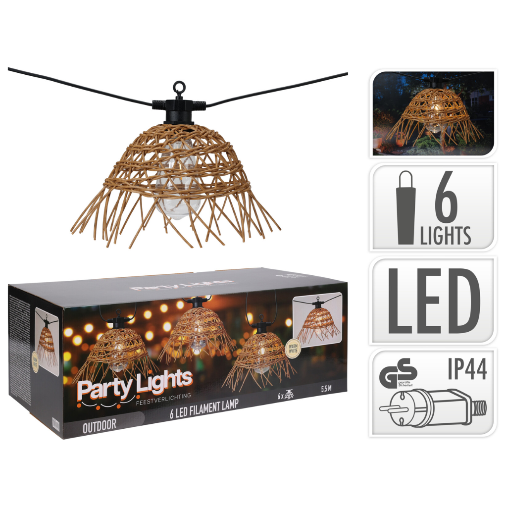 de bosrand LED partyylights rattan 6 lights - 550×28×20 cm - black/ rattan