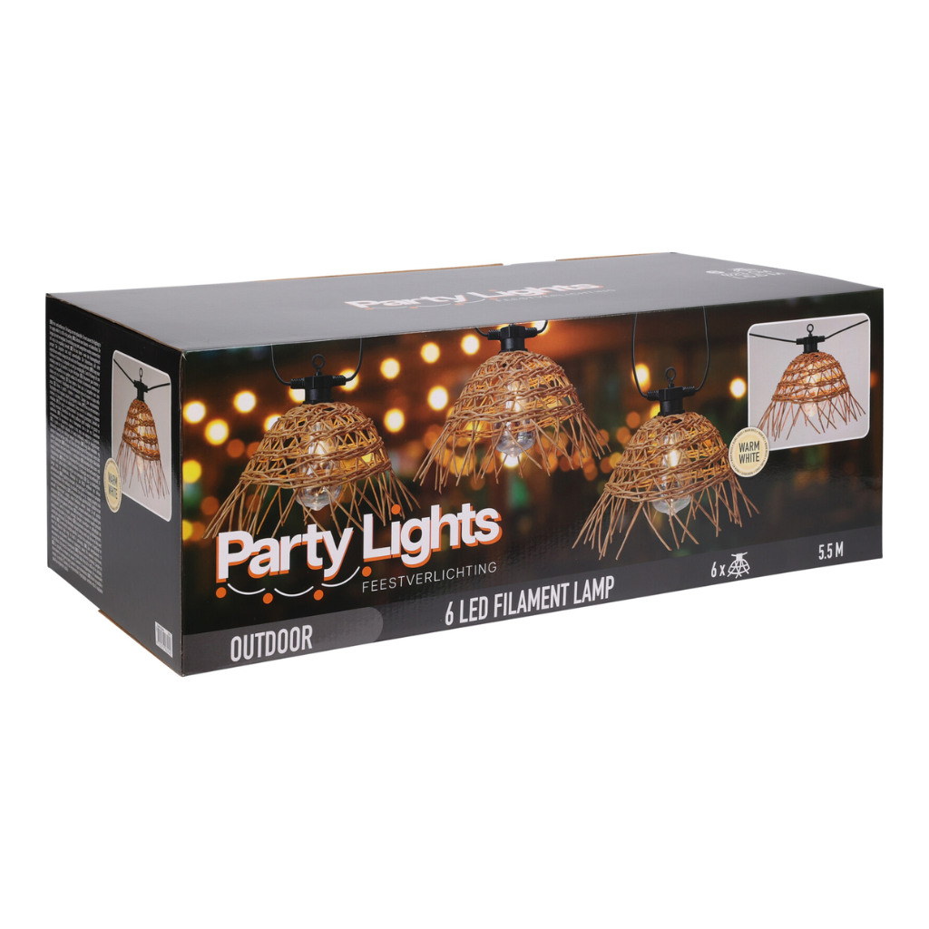 de bosrand LED partyylights rattan 6 lights - 550×28×20 cm - black/ rattan