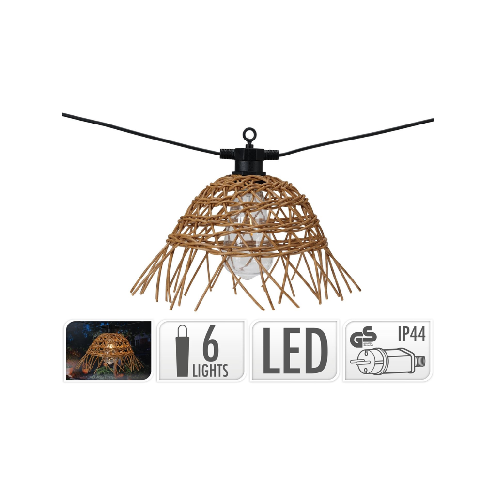 de bosrand LED partyylights rattan 6 lights - 550×28×20 cm - black/ rattan