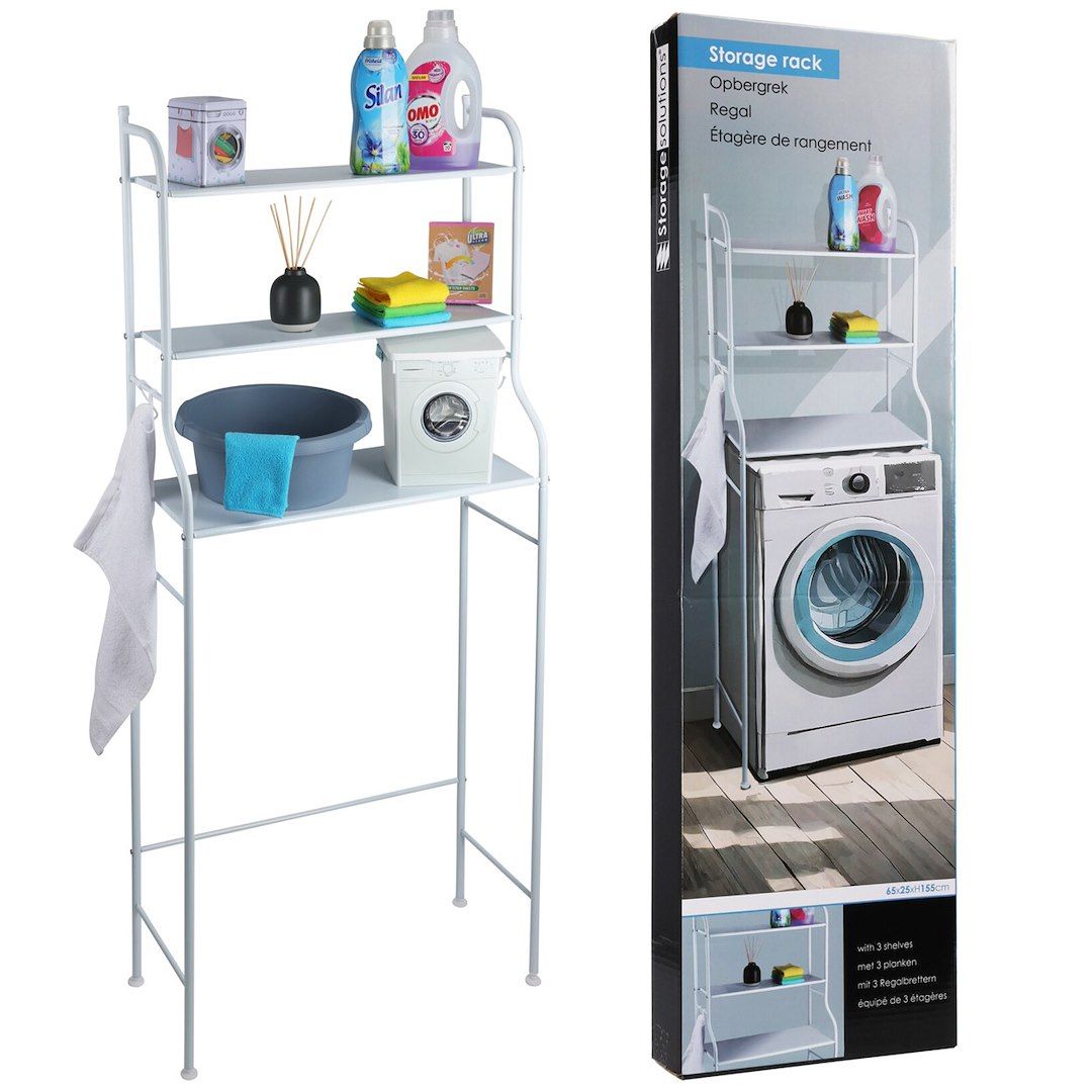 Solutions de stockage - Etagère de salle de bain en métal - blanc - 62x25x155 cm - 3 étagères avec crochets