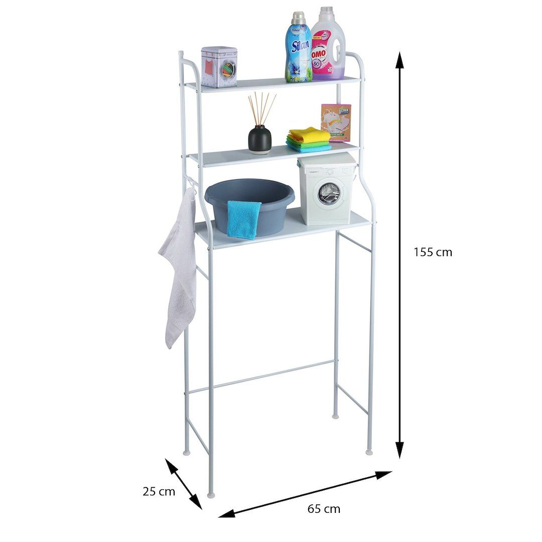 Solutions de stockage - Etagère de salle de bain en métal - blanc - 62x25x155 cm - 3 étagères avec crochets
