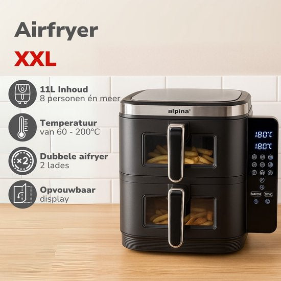 alpina Airfryer XXL - Double Friteuse 11L - Friteuse à air chaud 2 paniers - Doublement empilée pour 8 personnes - Ecran pliable - Fonction minuterie jusqu'à 60 minutes - Température 60-200°C - Noir