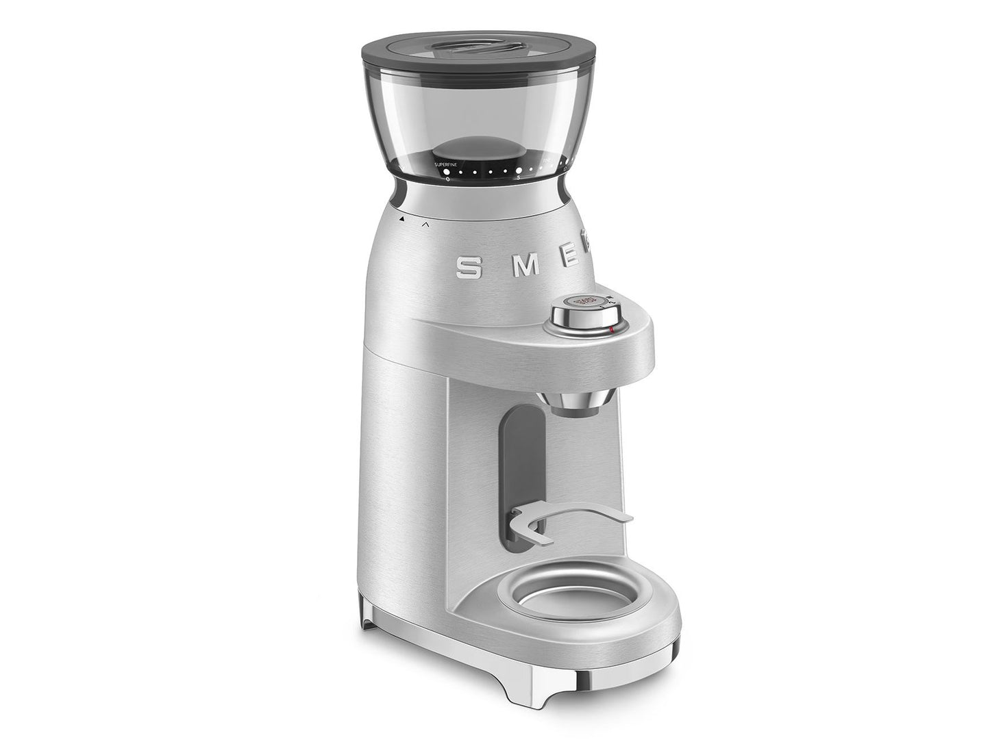 Moulin à café Smeg en aluminium CGF02SSEU – Meule conique avec 50 niveaux de mouture – Argent / Acier inoxydable