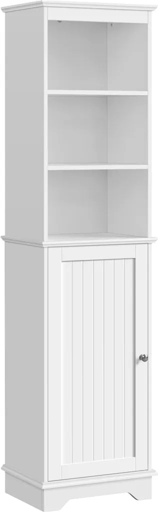Armoire de salle de bains Yaheetech 40 x 30 x 153 cm - Blanche - Armoire de rangement haute avec 3 étagères ouvertes et une étagère réglable