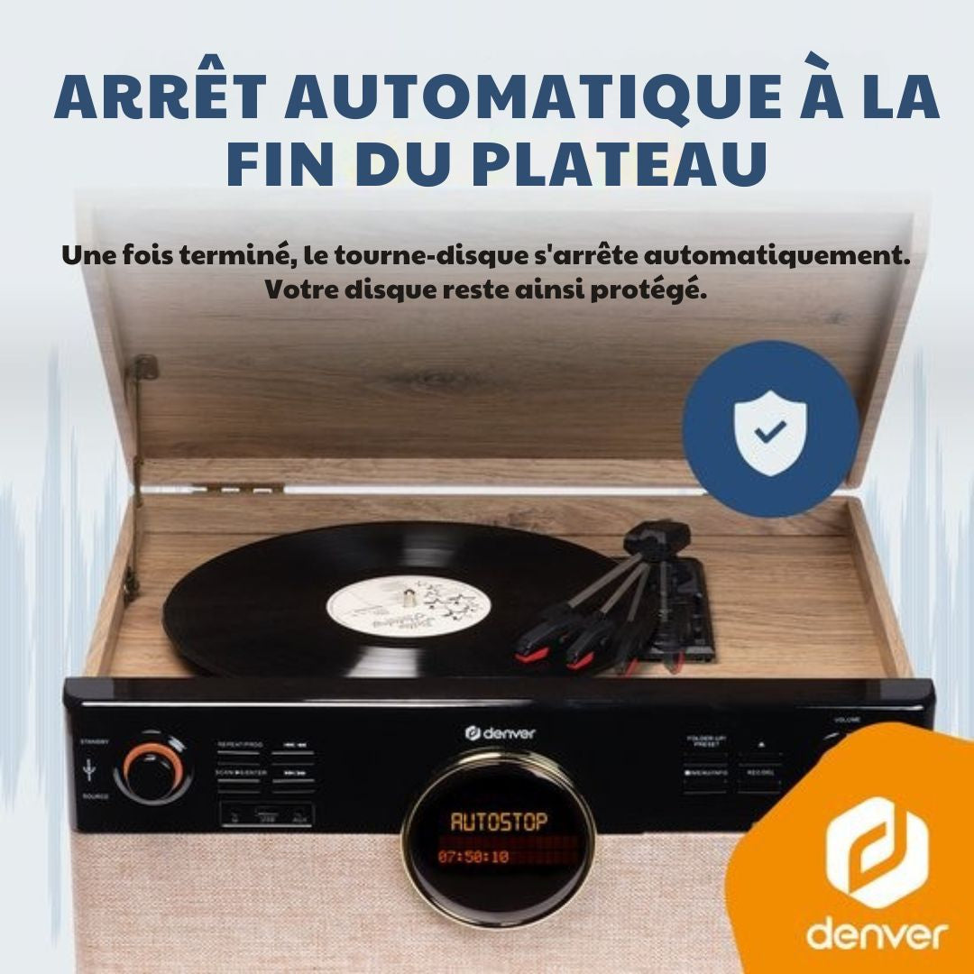 Platine vinyle rétro - Denver - Radio - CD - Cassette - Bluetooth - Auto stop - MRD180 - Bois