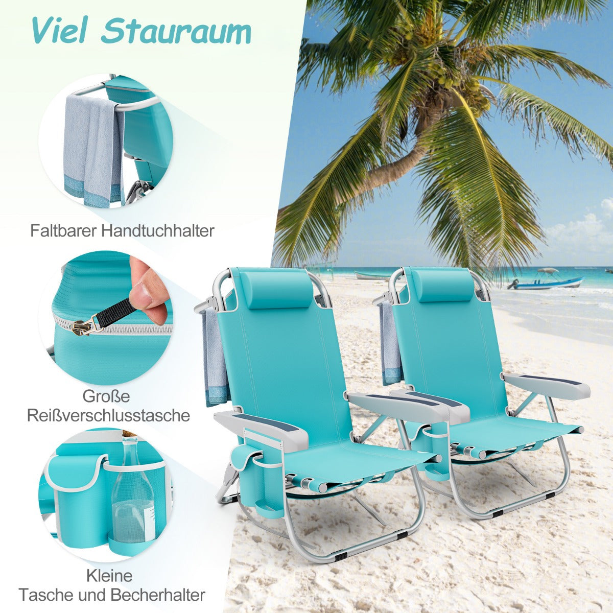 Chaise de plage Coast - 2 pièces - Pliable - Max. 150 kg - 66 x 65 x 78 cm - Bleu