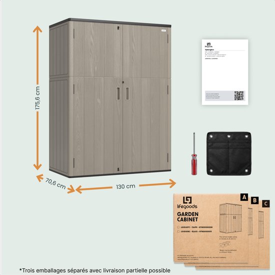 LifeGoods Garden Cabinet Vertical - 1340L - Armoire de rangement - Résistant à l'eau et aux UV - Coffre de jardin - Taupe
