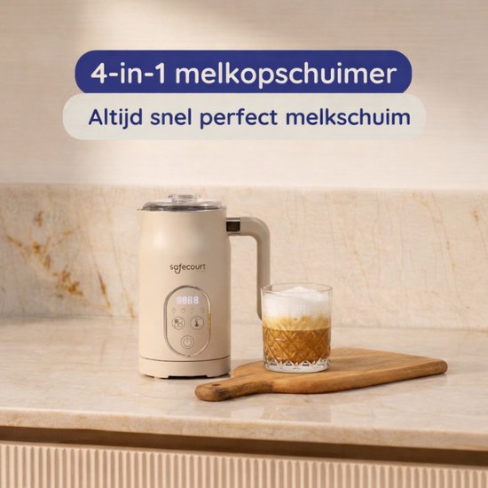 Safecourt kitchen Mousseur à lait électrique - 100% sans PFAS - Affichage et contrôle de la température - 4 en 1 - 350ml - Beige