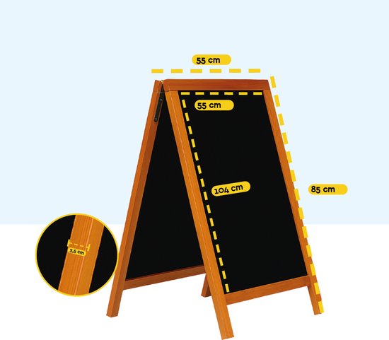 BRASQ Panneau de trottoir à craie Acajou - 55 x 85 cm - Tableau à craie - Panneau publicitaire - Panneau de trottoir - Double face - Pour l'intérieur et l'extérieur - Restauration