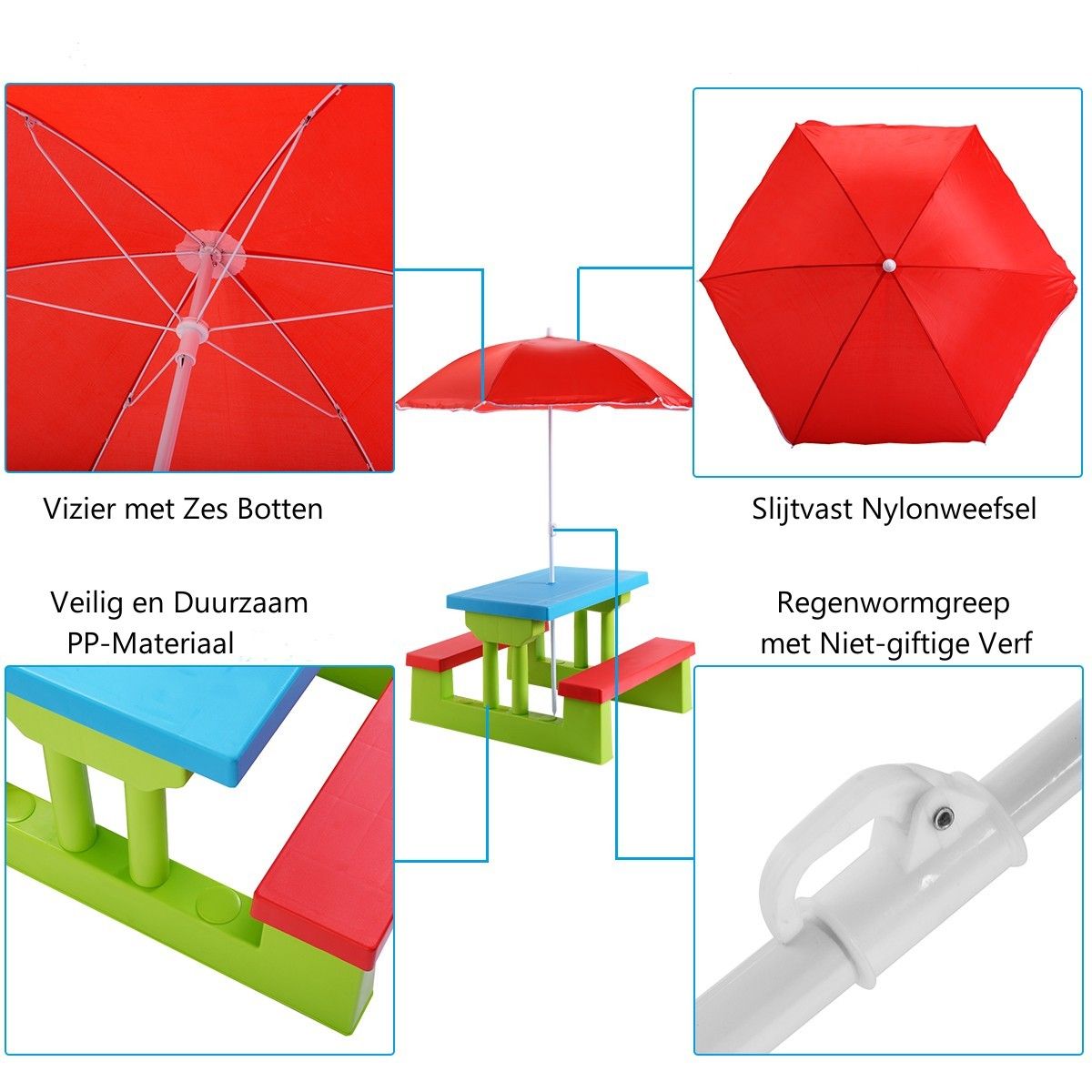 Coast Table de pique-nique pour enfants - Avec parasol - 2 bancs - Max. 50 kg - 67 x 41 x 47 cm - Rouge / Bleu / Vert