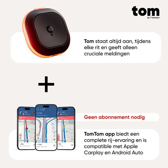 Tom by TomTom | Détecteur de radars pour voiture | Avertit en cas de radars fixes et mobiles, ainsi que d'embouteillages | Sans abonnement | CarPlay et Android Auto | Fabriqué en Europe