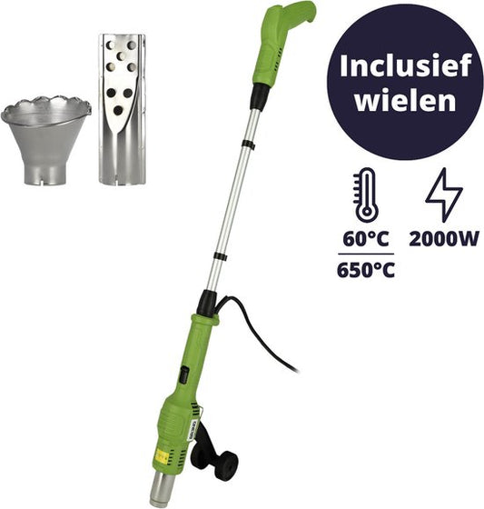BREND BR-2229 Brûleur électrique de mauvaises herbes avec roues - Désherbeur avec chaleur jusqu'à 650 °C - Avec accessoire pour barbecue - Respectueux de l'environnement - Vert
