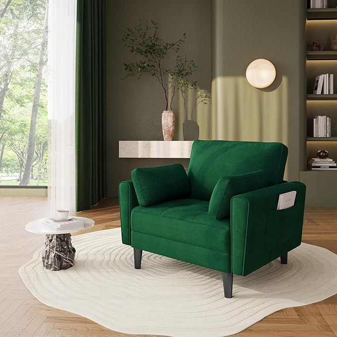 Yaheetech Fauteuil de salon moderne avec accoudoirs et poches Fauteuil de relaxation avec coussins Cadre en bois Fauteuil de chambre en tissu pour salon Vert