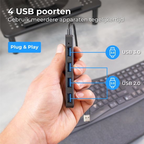 Nuvance - Hub USB 3.0 - 4 ports - Inclut un convertisseur USB C - Répartiteur USB - Noir