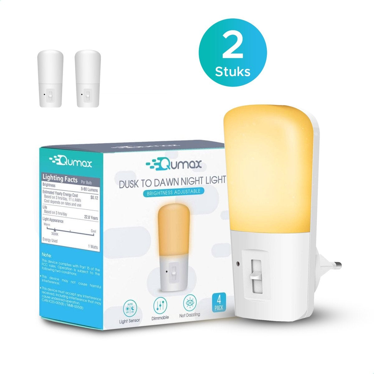 Qumax LED Night Light Socket 2 pcs - Veilleuse dimmable avec capteur - Veilleuse de chambre de bébé - Capteur jour et nuit - Enfants et bébés - Blanc