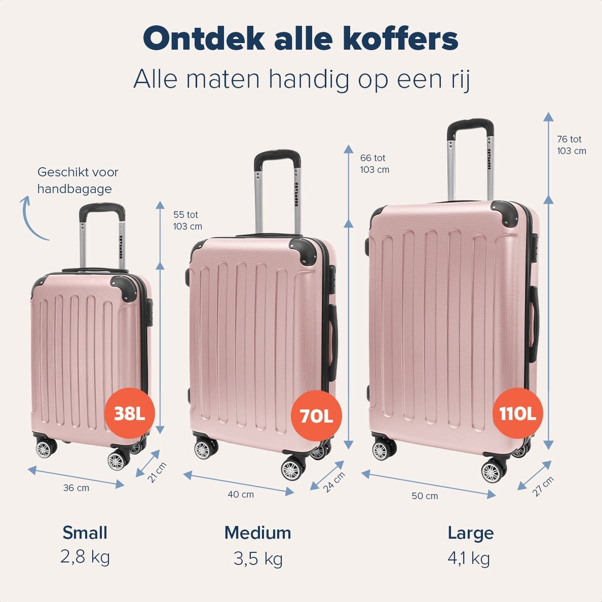 Lot de 3 valises TRVLMORE - Grande Taille Valise soute - 38L (bagage à main) + 70L + 110L - Rose Gold