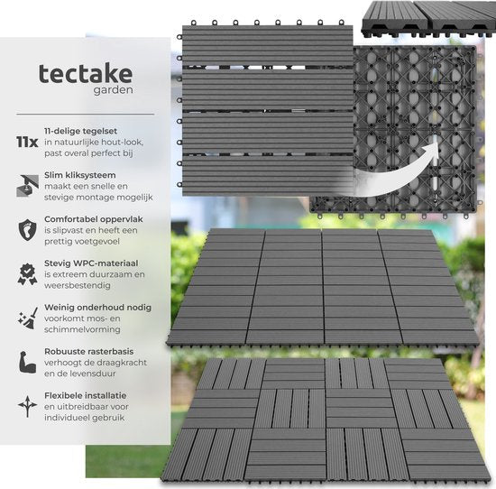 tectake® WPC wood tiles - Dalles aspect bois - Résistant aux intempéries - Sol extérieur - Dalles de sol - Sol de balcon - Dalles de terrasse avec système click - Drain - Lot de 11 - Gris