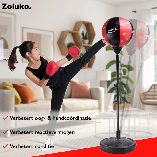 Zoluko Ballon de boxe sur pied pour enfants - Gants de boxe et pompe gonflable inclus - Hauteur réglable - Pour l'intérieur et l'extérieur - Ballon de boxe sur pied - Entraîneur de boxe - Perche de boxe - Set de boxe pour enfants - Ballon de boxe sur pied