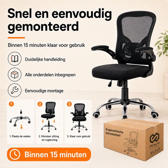 Chaise de bureau ergonomique Infinity Goods - Chaise de bureau - Soutien lombaire 4D et revêtement en maille - Accoudoirs rabattables - Jusqu'à 150 kg - NEN-EN1335 - Noir