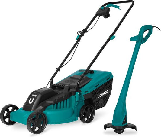 VONROC Tondeuse à gazon 1300W 32cm de largeur de coupe - et Tondeuse à gazon 300W - Ø230mm de diamètre de coupe - Ensemble complet !