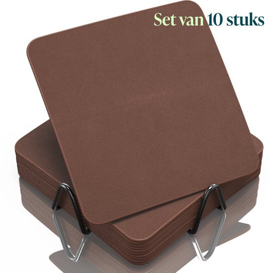 Sous-verres en simili cuir Castagnola – Sous-verres pour verres – Sous-verres design avec support – Lot de sous-verres en cuir avec support métallique – Cuir – Lot de 10 – Marron – 10 x 10 cm