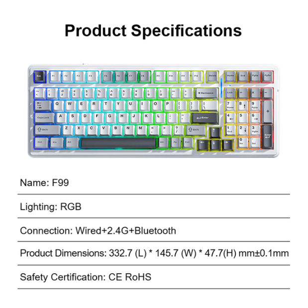 Clavier mécanique sans fil AULA F99 - Gris clair - 99 touches, tri-mode