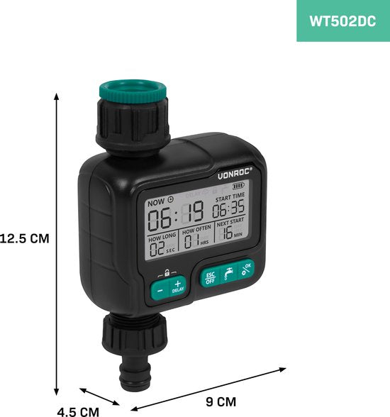 VONROC Water timer - Ordinateur d'arrosage - digital - système d'irrigation automatique - intervalle et durée largement réglables : 1h à 15 jours/ 1sec à 99min - résistant à l'eau IPX5