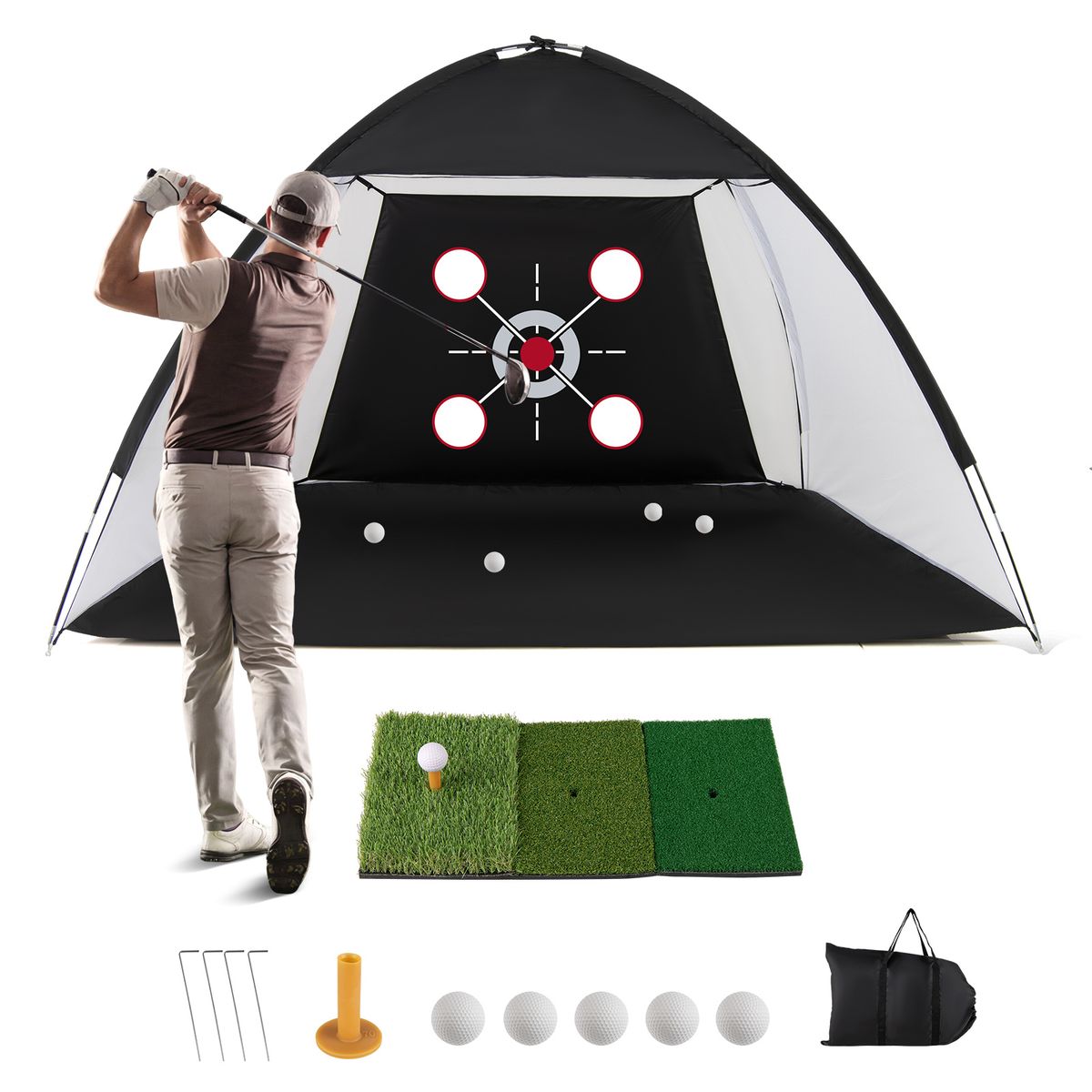 Filet d'entraînement de golf Coast avec tapis de départ - sac de transport et support de frappe inclus - utilisable à l'intérieur comme à l'extérieur - noir