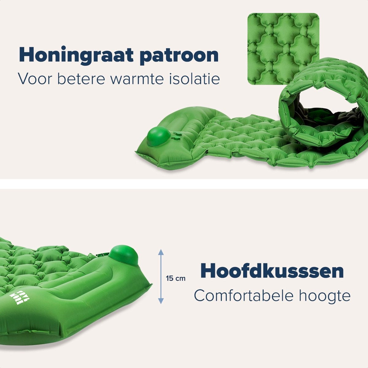 Matelas de couchage TRVLMORE - autogonflant - 1 personne - Pompe et oreiller intégrés - Vert