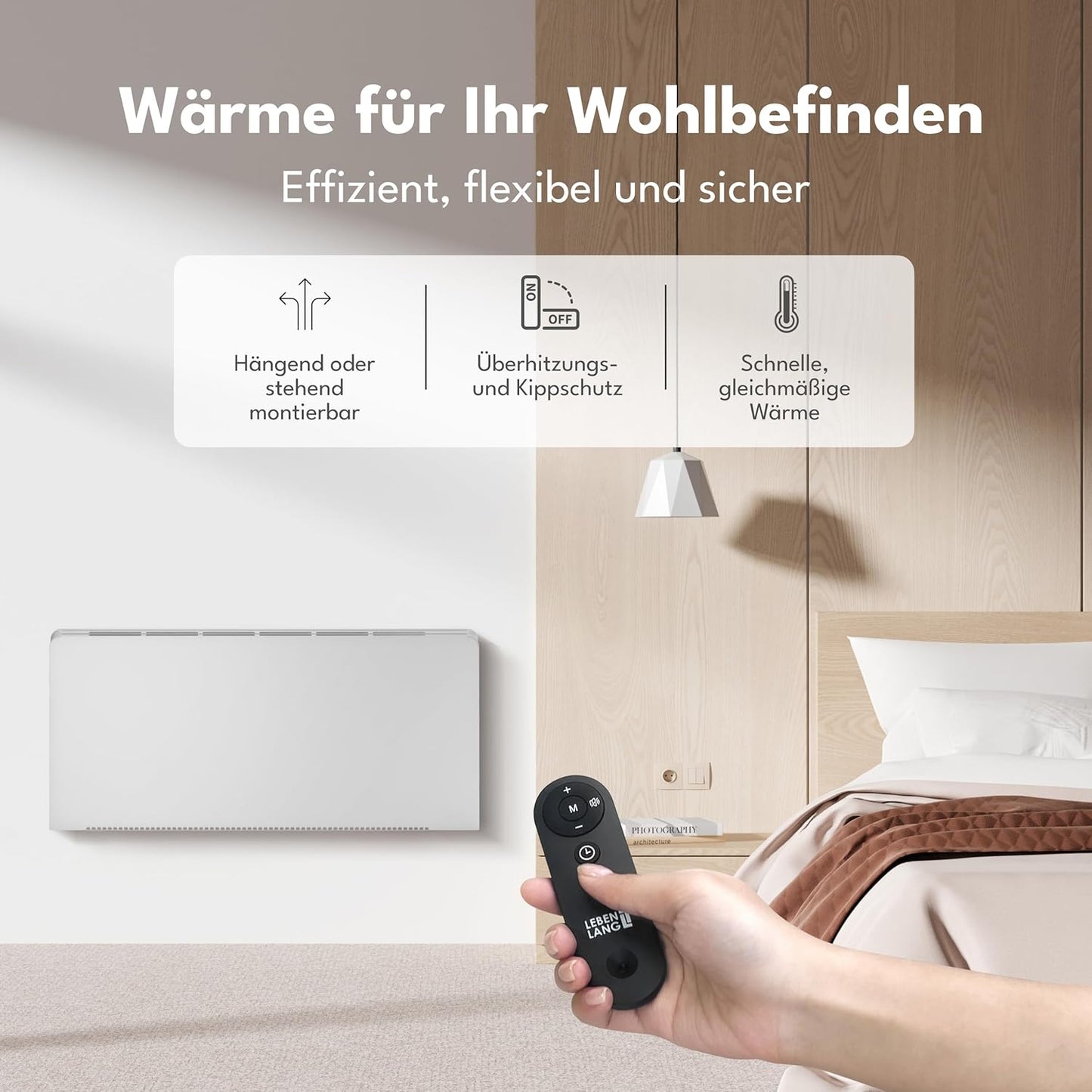 LEBENLANG Chauffage électrique - 2000W - Wifi et App Control - Télécommande - 88 x 5 x 49 cm - Blanc