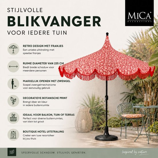 Mica Decorations Kelly Parasol avec sac de transport - Parasol à mât 238 x Ø235 cm - Parasol de jardin ou de balcon - Polyester, acier - Rouge