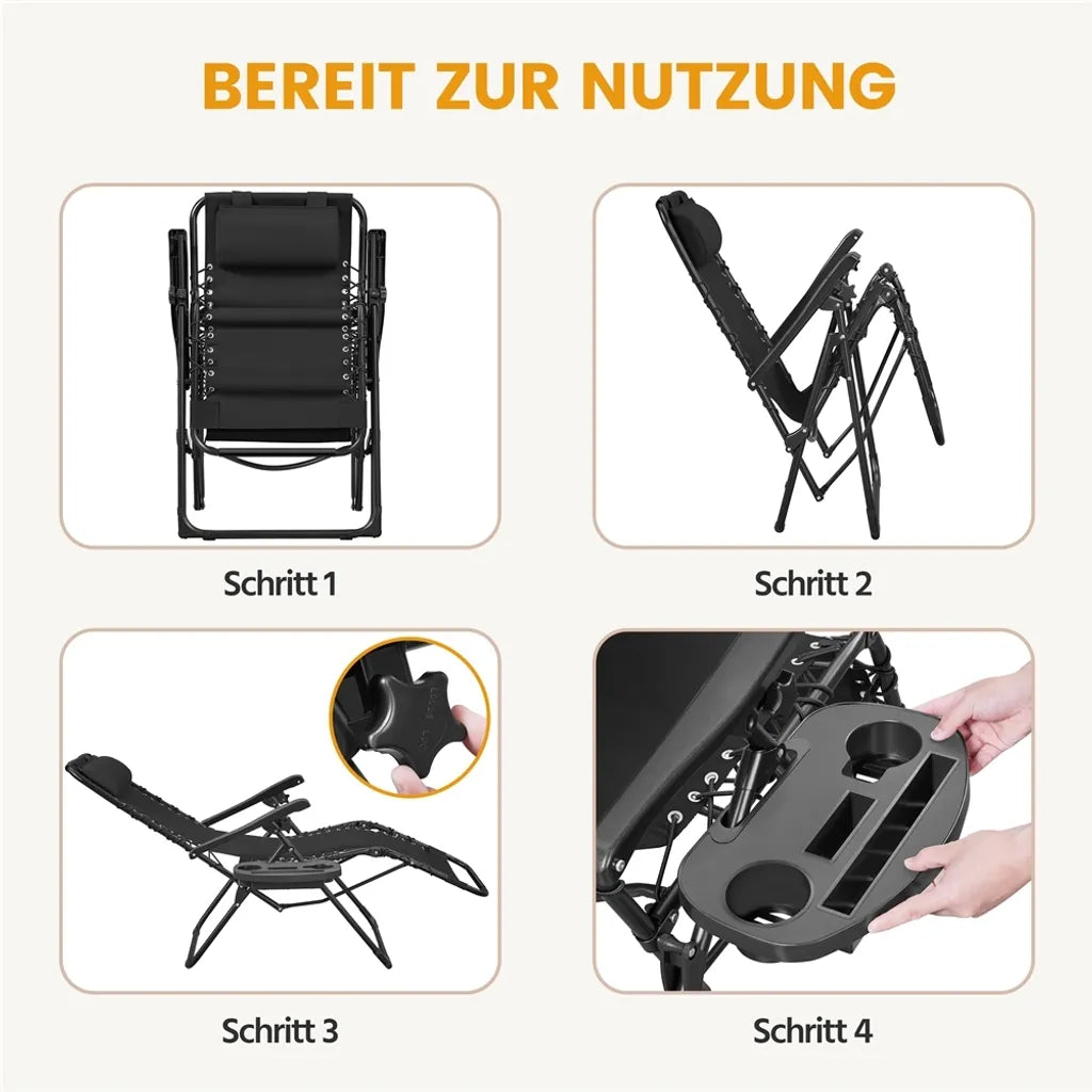Yaheetech Lot de 2 chaises longues Zero Gravity - Noir - Chaises longues pliables avec oreiller et porte-gobelet