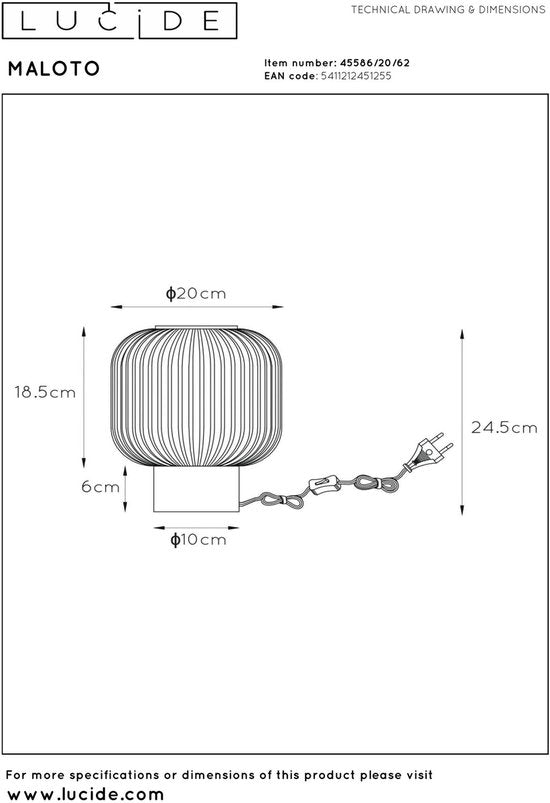 Lucide MALOTO - Lampe de table - Ø 20 cm - 1xE27 - Ambre