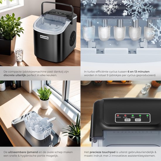 tectake® Machine à glaçons Arctic - 1.2L - 2 tailles de glaçons - Machine à glaçons - Machine à glaçons avec pelle à glaçons - Noir