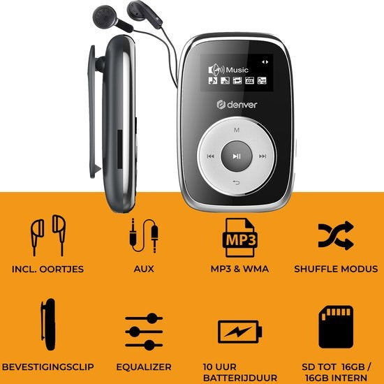 Lecteur MP3 Denver avec écouteurs - 32 Go - mode aléatoire - enfants et adultes - clip de fixation - AUX - MicroSD - MPS316 - noir